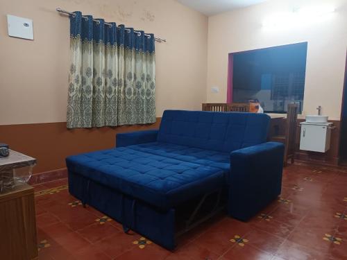 a blue couch in a room with a screen at Tharissu potta farm stay in Kollengode