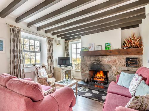 a living room with two couches and a fireplace at Ty Newydd Y Graig - 28017 in Tremeirchion