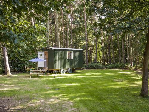 a green trailer sitting in the middle of a yard at Honeysuckle Hut-Qu7066 in Melton Constable