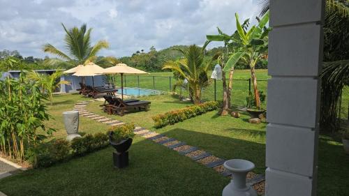 een achtertuin met een zwembad en een resort bij Nelumbo Villa 42 - oasis of relaxations in Uragasmanhandiya