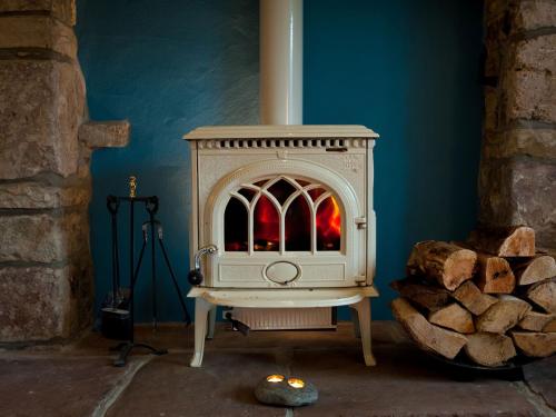 a white wood stove in a room with logs at Tintern Abbey Cottage in Tintern