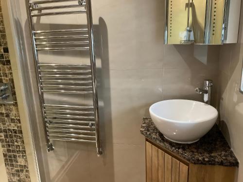 ein Badezimmer mit einem weißen Waschbecken und einer Dusche in der Unterkunft Lavender Barn in Newquay