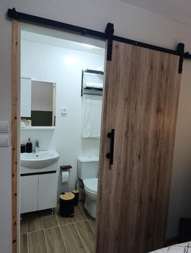 a bathroom with a toilet and a wooden door at Studio35 in Athens