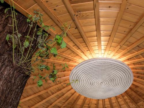 a ceiling of a wooden building with a light at Bensfield Treehouse in Wadhurst