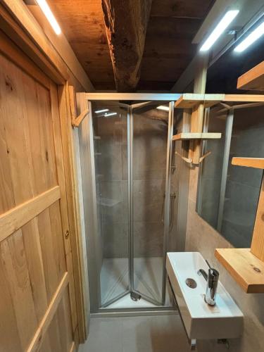 a shower in a bathroom with a white sink at Riverside Room Joseph in Pontboset