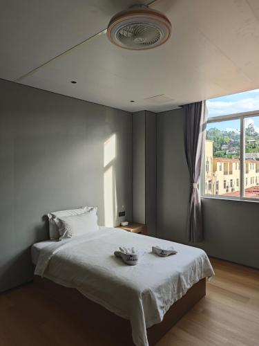 a bedroom with a white bed with a large window at Grace Hotel in Honiara