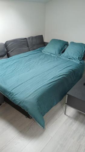 a bed with a green comforter and pillows on it at T2 refait à Neuf au calme avec TV et Fibre in Craponne