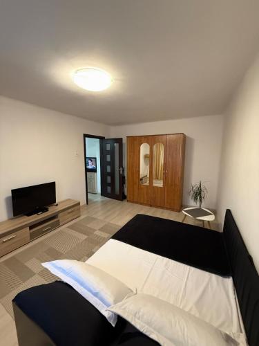 a bedroom with a bed and a flat screen tv at Apartament Densia in Craiova close to the center in Craiova