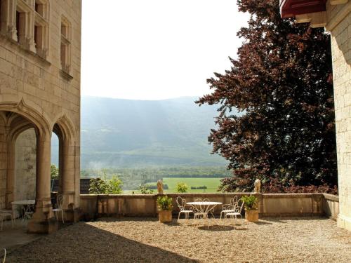 a patio with a table and chairs and a tree at Charming Castle in Serrières-en-Chautagn with Pool in Serrières-en-Chautagne