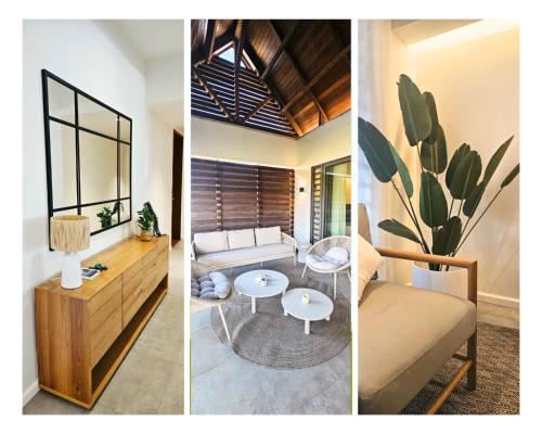 Ocean - Pool - BBQ - Resort - 3 Ensuite - Grand Baie في غراند بايَ: صورتين لغرفة معيشة مع أريكة وطاولة