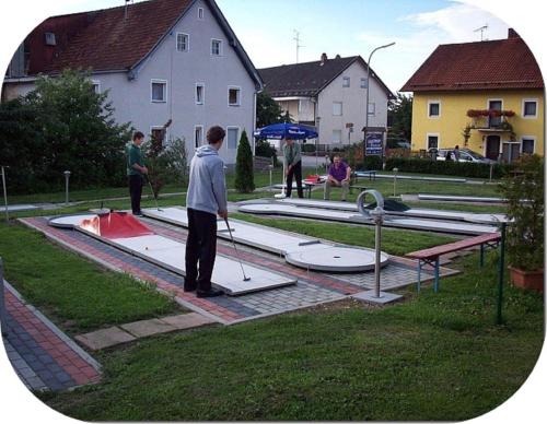 un grupo de personas de pie alrededor de las tablas de surf en la hierba en Gasthof Pflamminger, en Wörth an der Donau