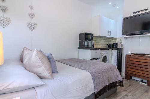ブロムリーにあるCosy Studio Flatの壁にテレビが付いたベッドのある寝室