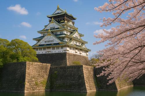 a castle with a wall and cherry trees at Spacious Apartment near Dotonbori Namba Walk to Nipponbashi 801 in Osaka