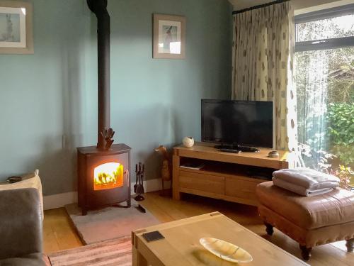 ein Wohnzimmer mit Kamin und Fernseher in der Unterkunft Rusty's Cottage in Skirpenbeck