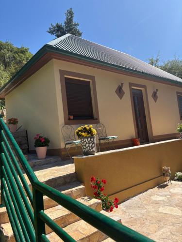 a small house with a green railing and a patio at Apartman Smaragd Lux in Pluzine