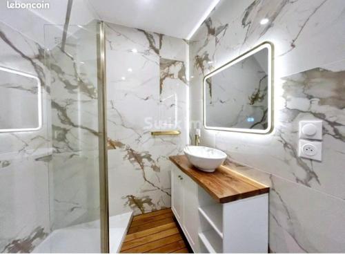 een witte badkamer met een wastafel en een douche bij La signature d'Alsace in Bennwihr