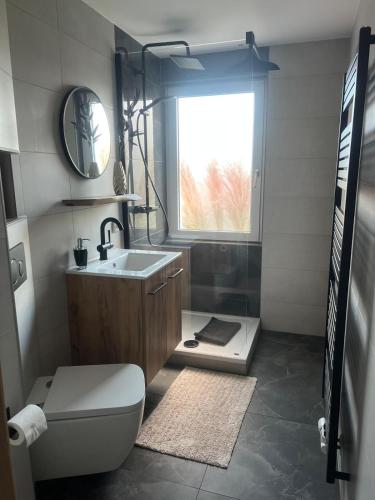 a bathroom with a sink and a toilet and a window at Pension am Görlitzbach in Münchenbernsdorf
