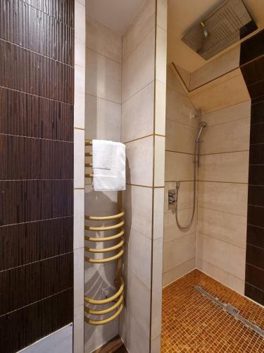 a bathroom with a shower with a towel on a wall at Chambres Houdaille in Honfleur