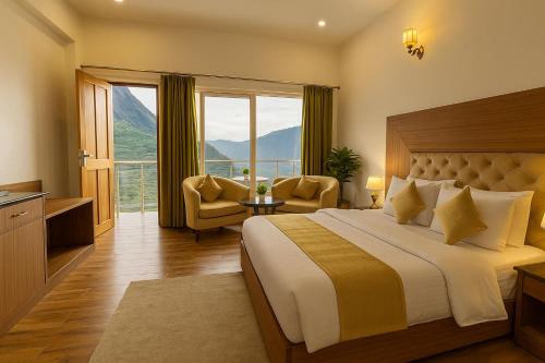 a hotel room with a bed and a large window at The Kempty Emerald - A Wellness Boutique Hotel, Mussoorie in Mussoorie