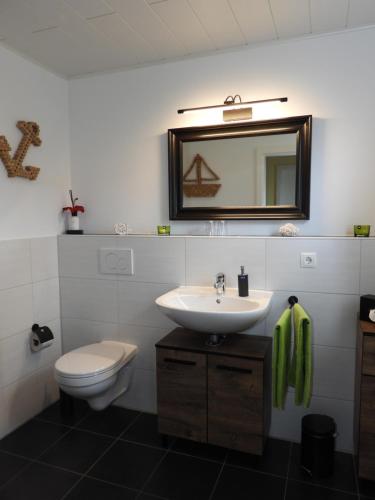 a bathroom with a sink and a toilet and a mirror at Ferienwohnung "Schöne Aussicht" in Reil