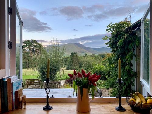a vase of flowers on a table in front of a window at Overwater Lodge in Bassenthwaite Lake