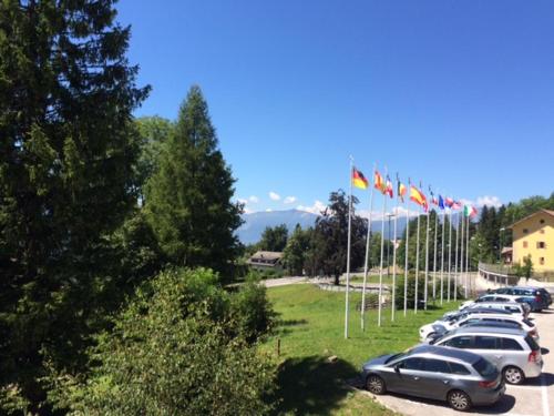 a row of cars parked in a parking lot with flags at Park Hotel Miramonti in Folgaria