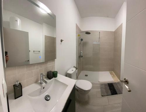 a bathroom with a sink and a toilet and a shower at The Pearl Suite - your stylish cozy and modern flat,in the heart of South Tenerife,just 3 minutes from beach and natural pools in Alcalá
