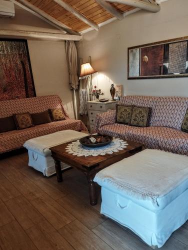 a living room with two couches and a coffee table at Neraida House in Elliniko