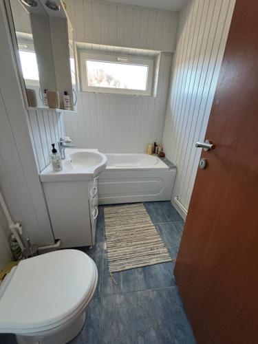 a bathroom with a white toilet and a sink at Apartament Hanna - Straja in Uricani