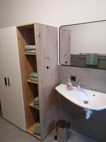 ein Badezimmer mit Waschbecken und Spiegel in der Unterkunft Ferienwohnung Büchele in Umhausen