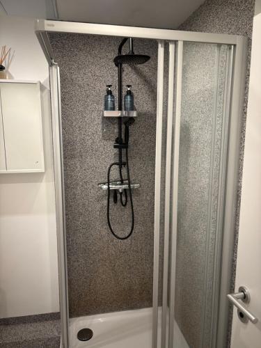 y baño con ducha con mampara de cristal. en EasyPark City Suite, en Brunswick