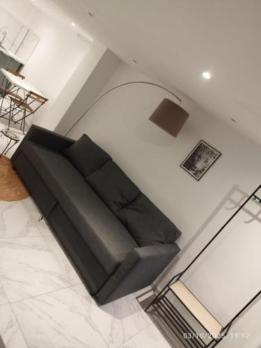 eine schwarze Couch im Wohnzimmer in der Unterkunft Studio à Eckbolsheim proche CV et marché de Noël de Strasbourg in Eckbolsheim