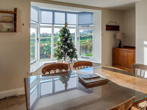 een eetkamer met een glazen tafel met een kerstboom bij Barnleigh in Ludlow