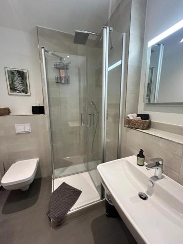 a bathroom with a shower and a sink and a toilet at Ferienwohnungen mit Feldblick in Schwerin
