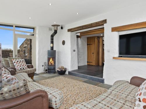 ein Wohnzimmer mit Kamin und Fernseher in der Unterkunft Temple Barn in Abercastle