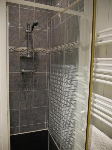 a shower with a glass door in a bathroom at L'Enclos de La Grande Flûte in Douzat