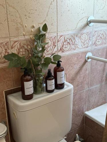 three bottles on top of a toilet in a bathroom at Departamento Impecable Luminoso! in Azul