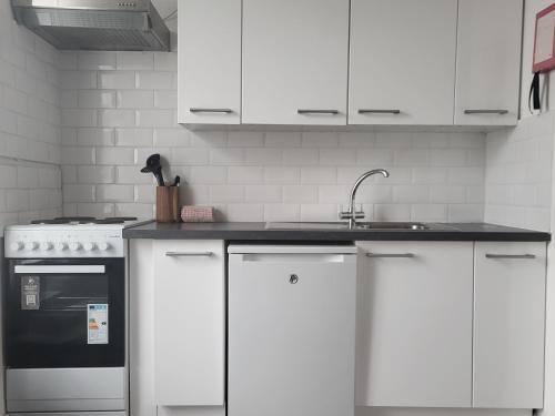 a kitchen with white cabinets and a sink at Quiet 1Br Retreat- Fast Internet- Walk-In Shower in Cork