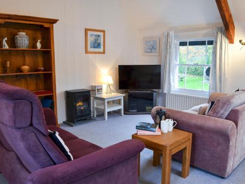 a living room with two couches and a tv at Myrtle Loft in Instow