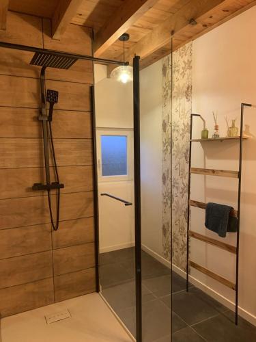 a shower with a glass door in a bathroom at La Bastilac chambre Nature in Garganvillar