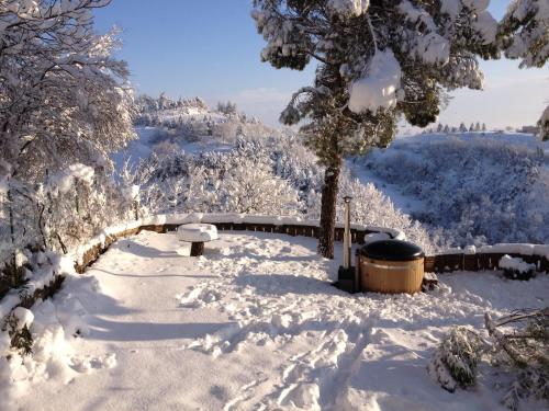 a snow covered garden with a hot tub and a tree at Ferienhaus Schnitzhof in Abtenau