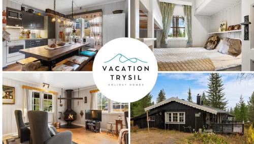 eine Collage aus zwei Bildern eines Schlafzimmers und eines Hauses in der Unterkunft Fagerasen 209 by Vacation Trysil in Trysil