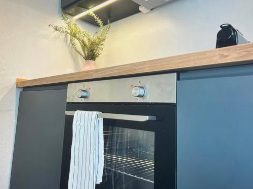 a kitchen with an oven with a plant on top at Aegean green retreat in Kavala