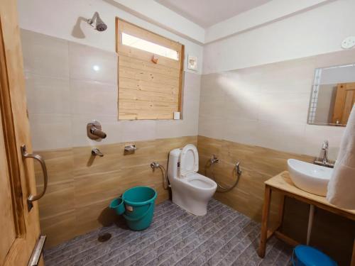 a bathroom with a toilet and a sink at Tirthan Majestic View Homestay in Kulu