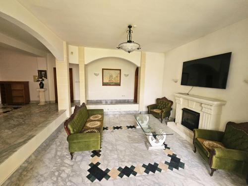 a living room with couches and a tv and a fireplace at Spacious Swieqi Villa for Families Groups Close to Paceville and St Julians in Is-Swieqi