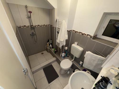 une petite salle de bain avec toilettes et douche dans l'établissement Bucharest Residence, à Bucarest