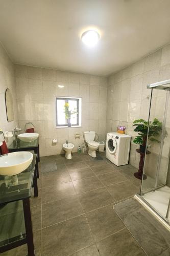 a bathroom with a toilet and a sink and a shower at Spacious Swieqi Villa for Families Groups Close to Paceville and St Julians in Is-Swieqi