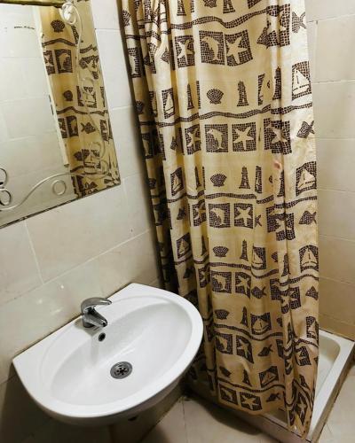 une salle de bain avec un lavabo et un rideau de douche dans l'établissement Apartments in Ain Sokhna in Porto, à Ain Sokhna
