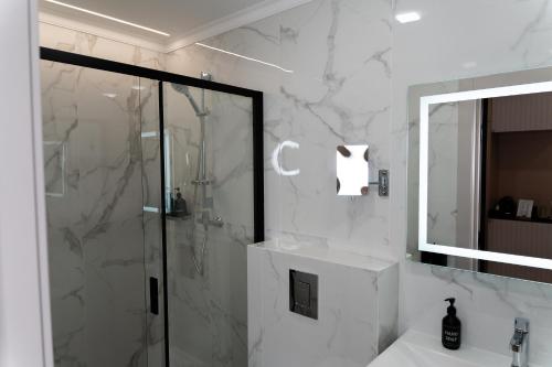 a bathroom with a shower and a sink and a mirror at Hotel Palace Ukraine in Mykolaiv