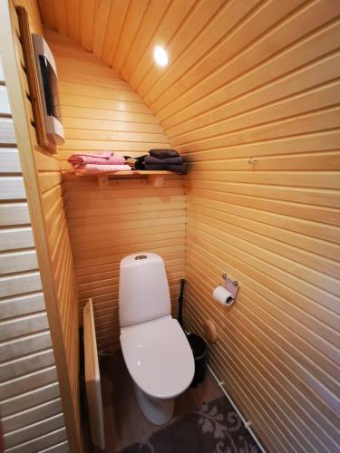 ein kleines Badezimmer mit Toilette in einer Holzwand in der Unterkunft Igluhut in Wilhelminenthal